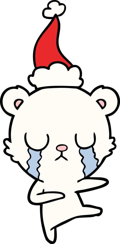Dibujo de línea de oso polar llorando de un sombrero de Papá Noel que lleva puesto vector