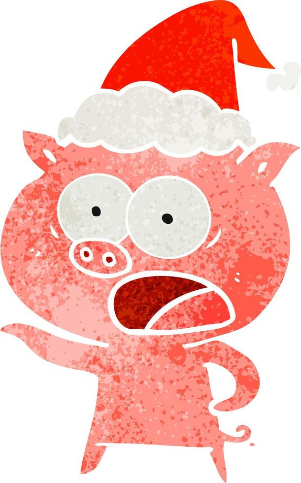 retro cartoon of a pig shouting wearing santa hat vector