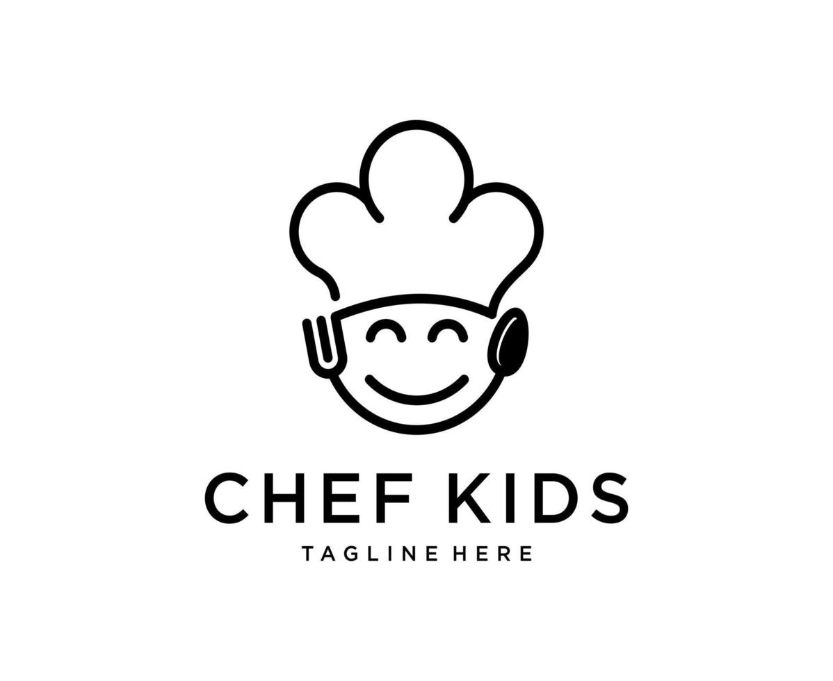 Chef Kid's cooking logo. illustration of kid with a fork and spoon. vector line icon template