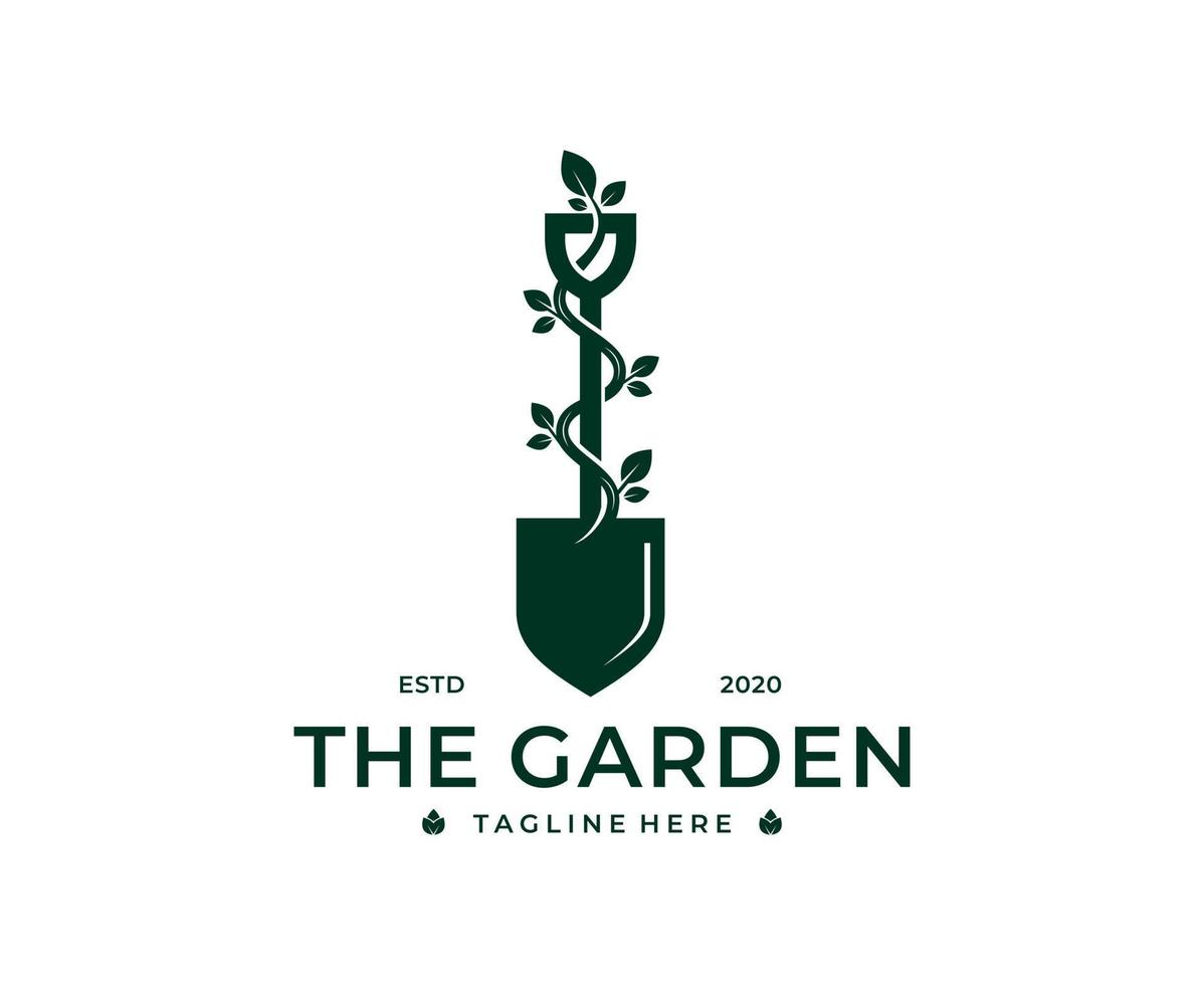 Shovel spade scoop with flower tree leaf root plant for garden plantation culitivation farm logo design Vector template