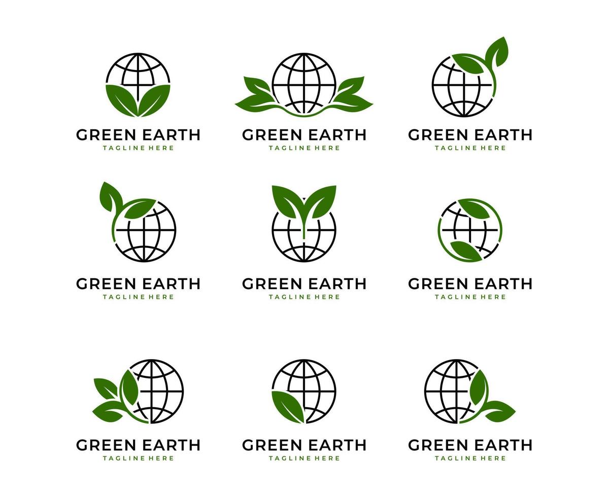 Green world logo design with tree leaf globe vector icon design template