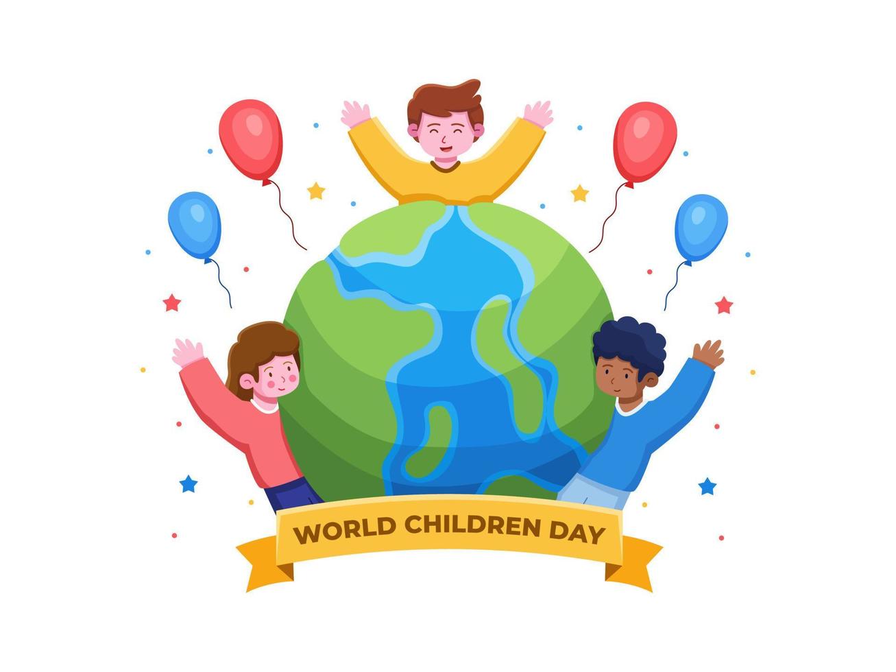 Vector Illustration Happy Group Children Celebrating World Children's Day. Happy International Children's Day. Can be use for greeting card, postcard, poster, banner, web, animation, etc