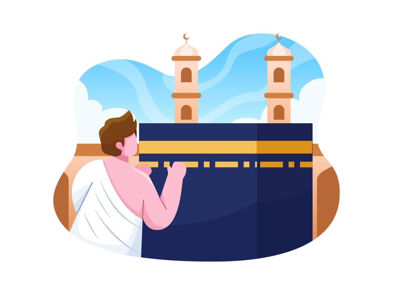 Muslim people praying at the Kaaba Mecca Saudi Arabia Vector Illustration. Hajj and Umrah Illustration Cartoon. Can be used for Greeting card, banner, poster, web, social media, etc