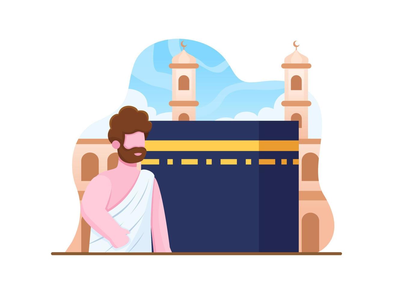 Islamic People do Tawaf walking around Kaaba Mecca seven times. Hajj and Umrah Muslim Pilgrim. People in hajj pilgrimage wearing ihram. Can be use for web, banner, poster, greeting card, etc vector