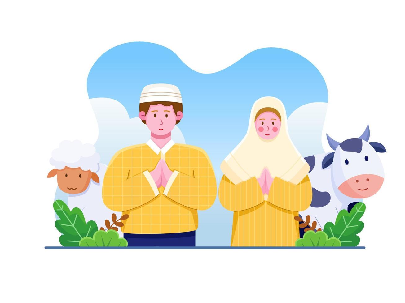 A Muslim Couple Greeting Happy Eid Al Adha with cow and sheep in the back Cute Cartoon Illustration. Suitable for greeting card, infographic, poster, banner, web, print, etc. vector