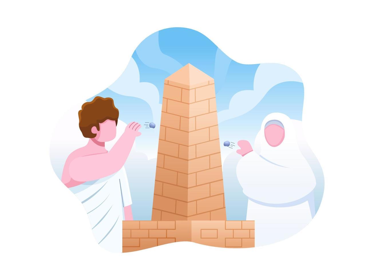 musulmanes arrojando piedras al pilar del diablo o a las paredes de jamarat en la peregrinación islámica del hajj. Peregrinación de lanzamiento de piedras de jamaraat. se puede utilizar para infografía, presentación, web, animación, etc. vector