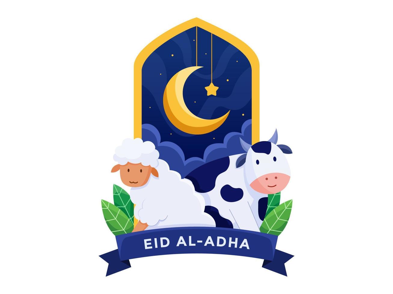 Eid Al Adha Cartoon Illustration With Cute Sheep And Cow Suitable for Greeting card, postcard, poster, banner, print, web, landing page, etc vector