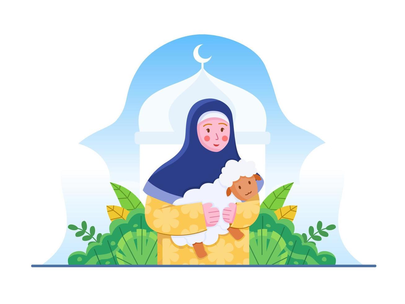 Cute hijab Woman carry a sheep to sacrifice when Eid Al Adha Mubarak. Flat vector illustration Eid Al Adha. Suitable for greeting card, postcard, web, social media, landing page, book, print, etc