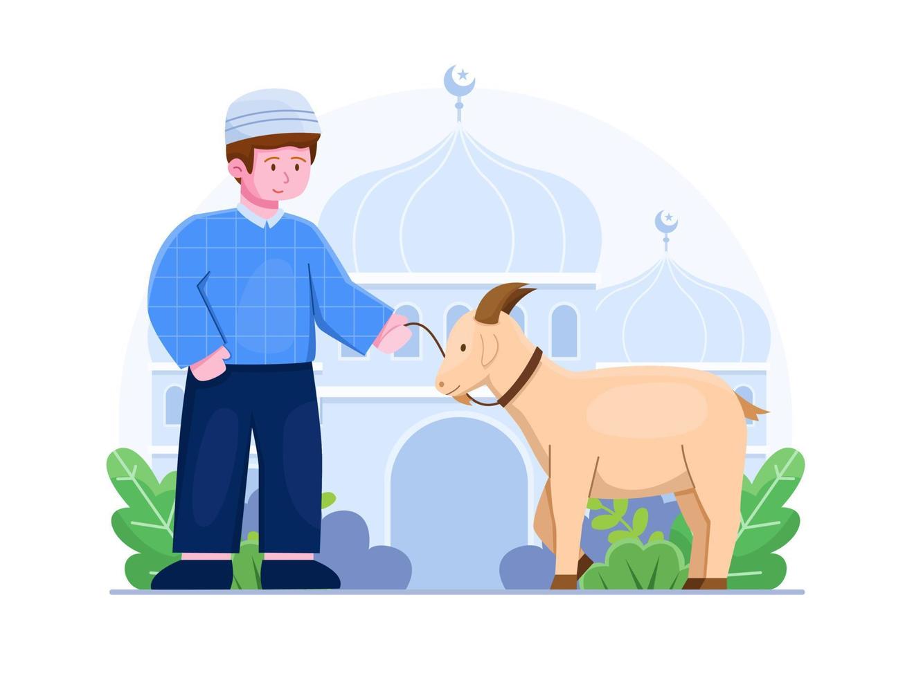 el hombre musulmán trae una cabra para sacrificar cuando la caricatura de eid al adha es una linda ilustración. feliz concepto de eid al adha. adecuado para tarjetas de felicitación, infografía, postal, impresión, web, redes sociales, etc. vector