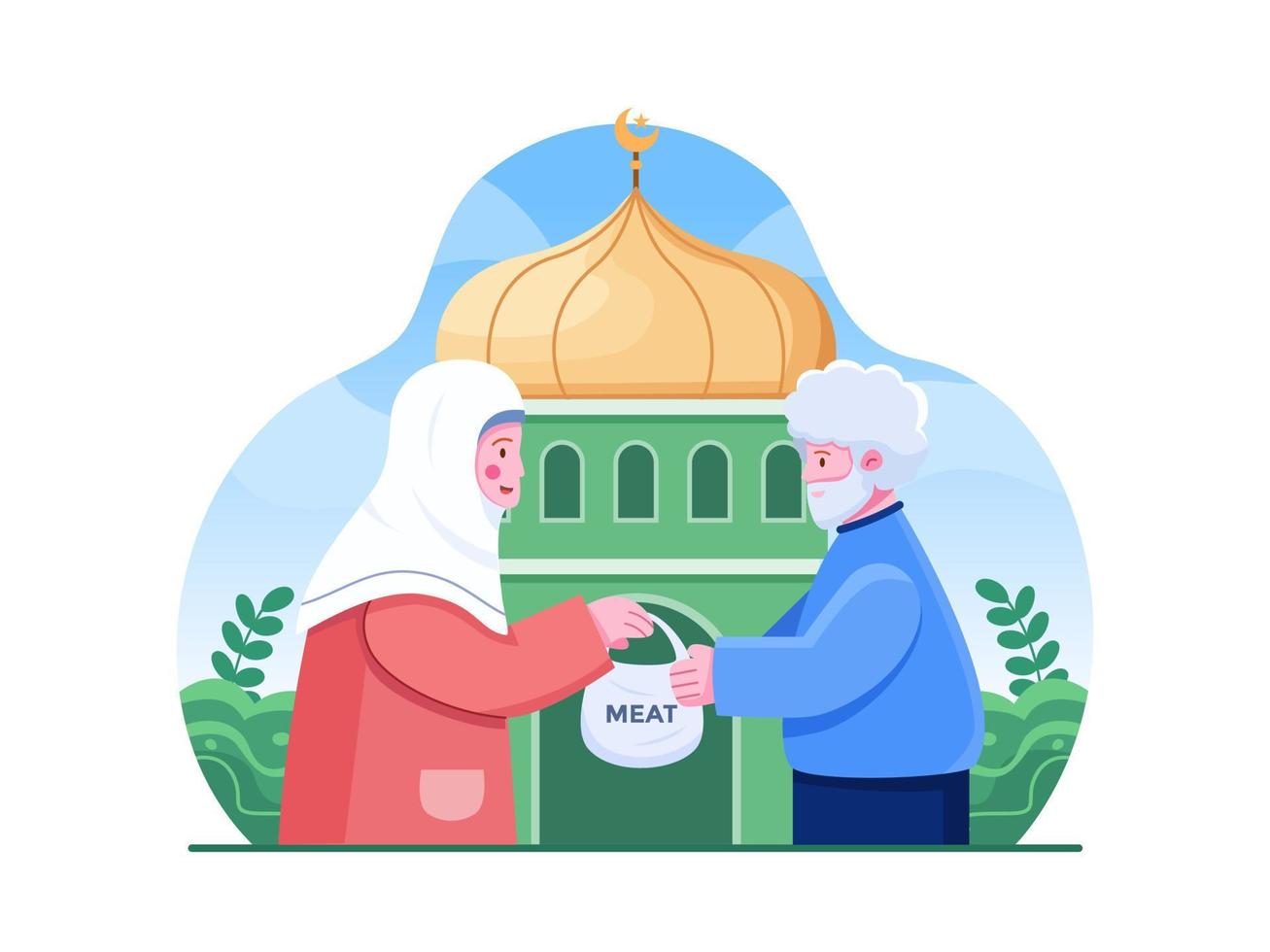Muslim Woman sharing the meat of the sacrificial animal to poor old man Flat Vector Illustration. Distributing sacrificial meat Suitable for infographic, flyer, web, social media, banner, poster, etc