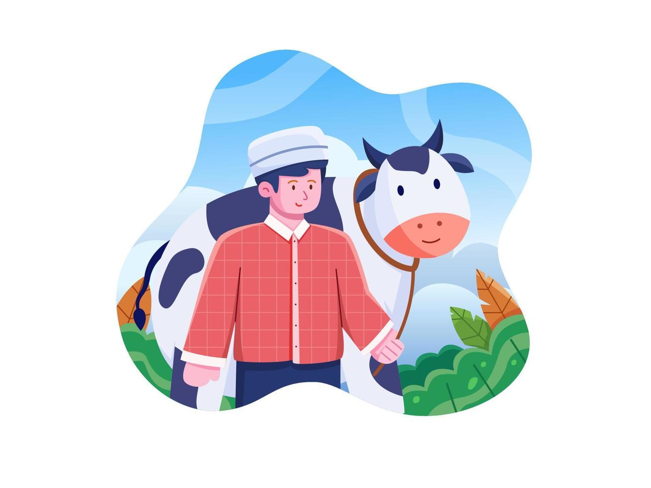 Muslim Man Bring a Cow To Sacrifice When Eid Al Adha Cartoon Cute Illustration. Happy Eid Al Adha Concept. Suitable For Greeting card, infographic, postcard, print, web, social media, etc vector