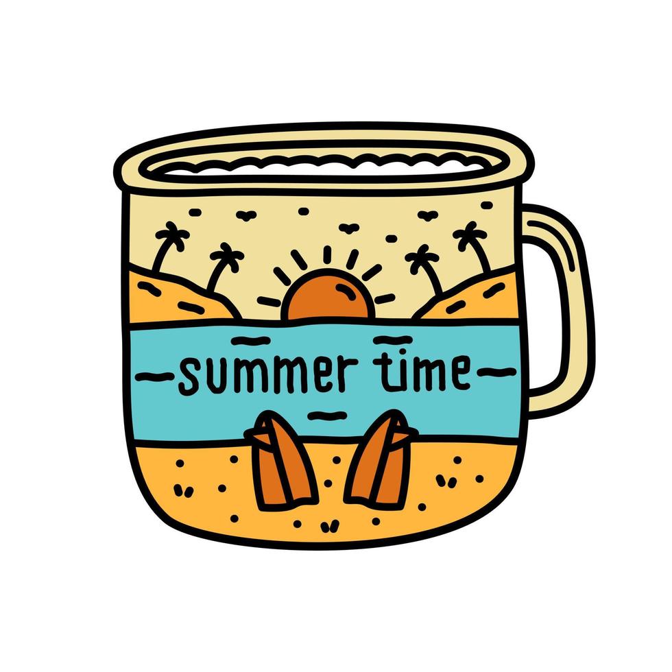 design of summer time , surfboard on the beach in cup frame for badge, sticker, patch, t shirt design, etc vector