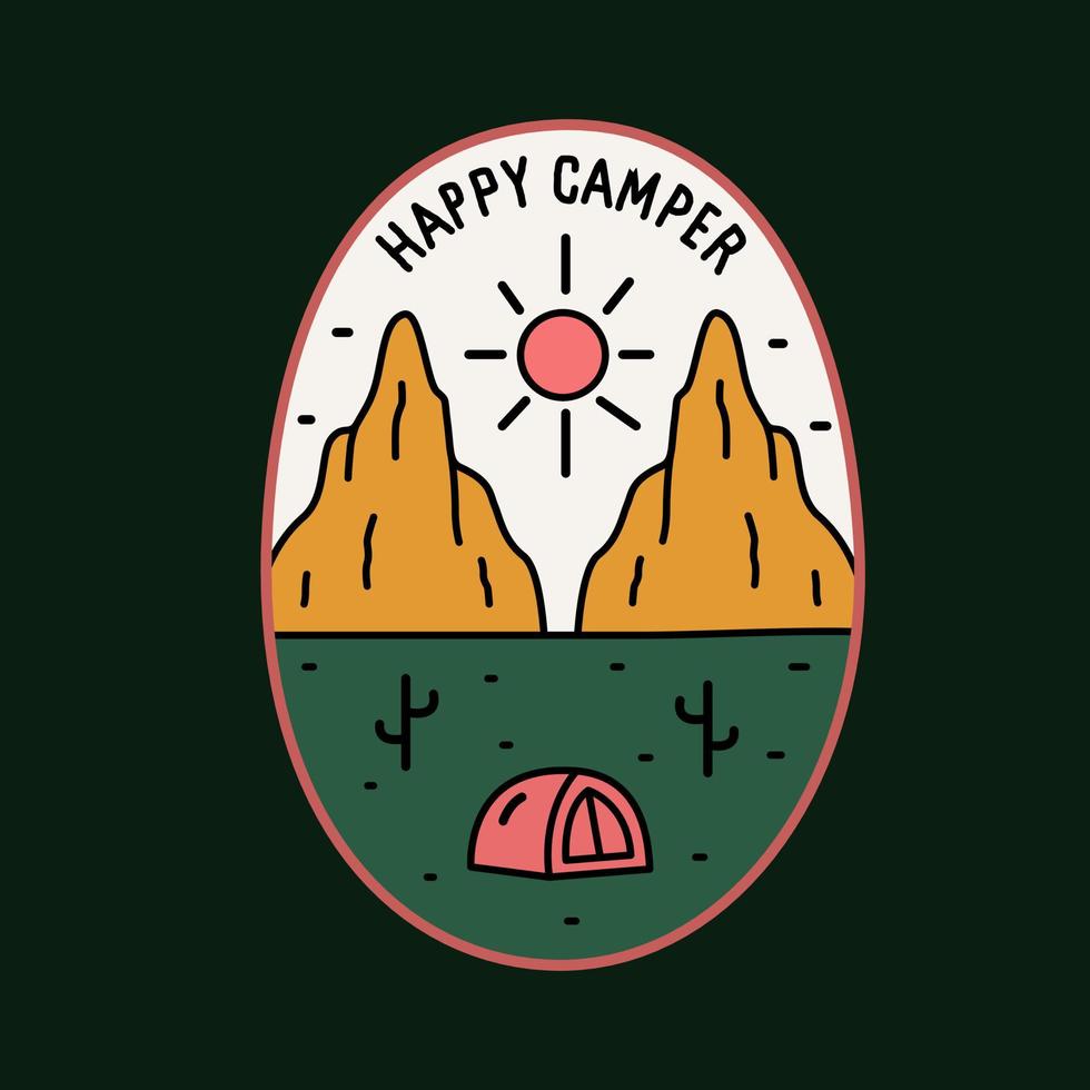 diseño de la naturaleza de la colina del desierto del campista feliz para insignia, pegatina, parche, diseño de camisetas, etc. vector