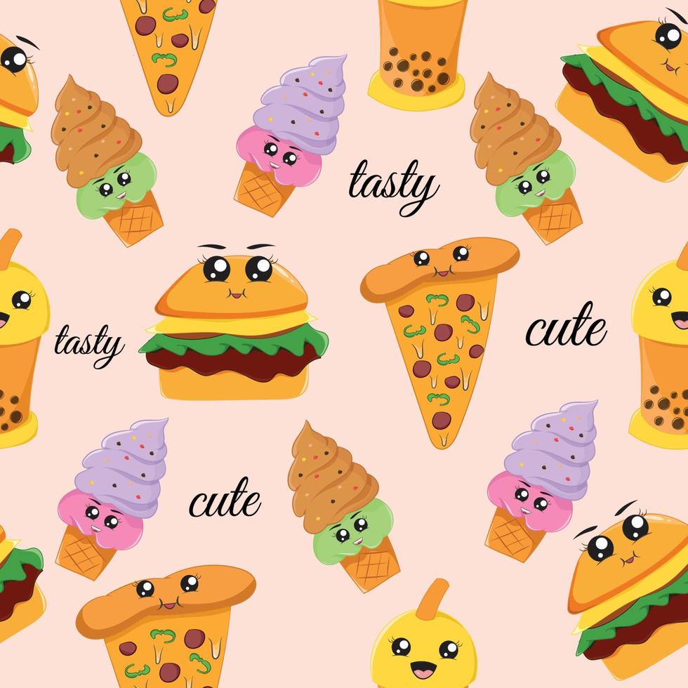 seamless pattern with cute fast food cartoon background vector