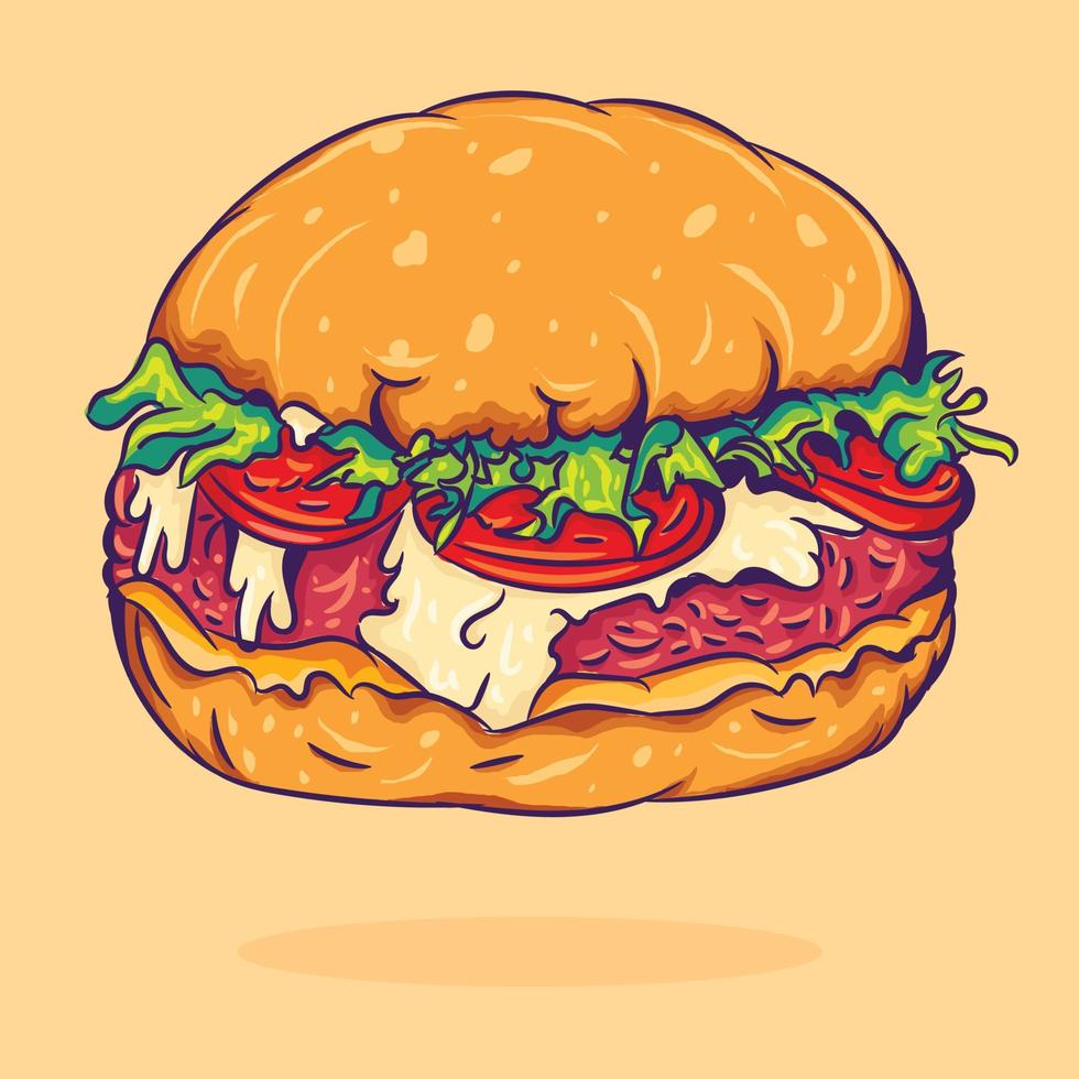 hamburguesa vectorial hamburguesa clásica hamburguesa de queso con lechuga tomate cebolla queso. vector