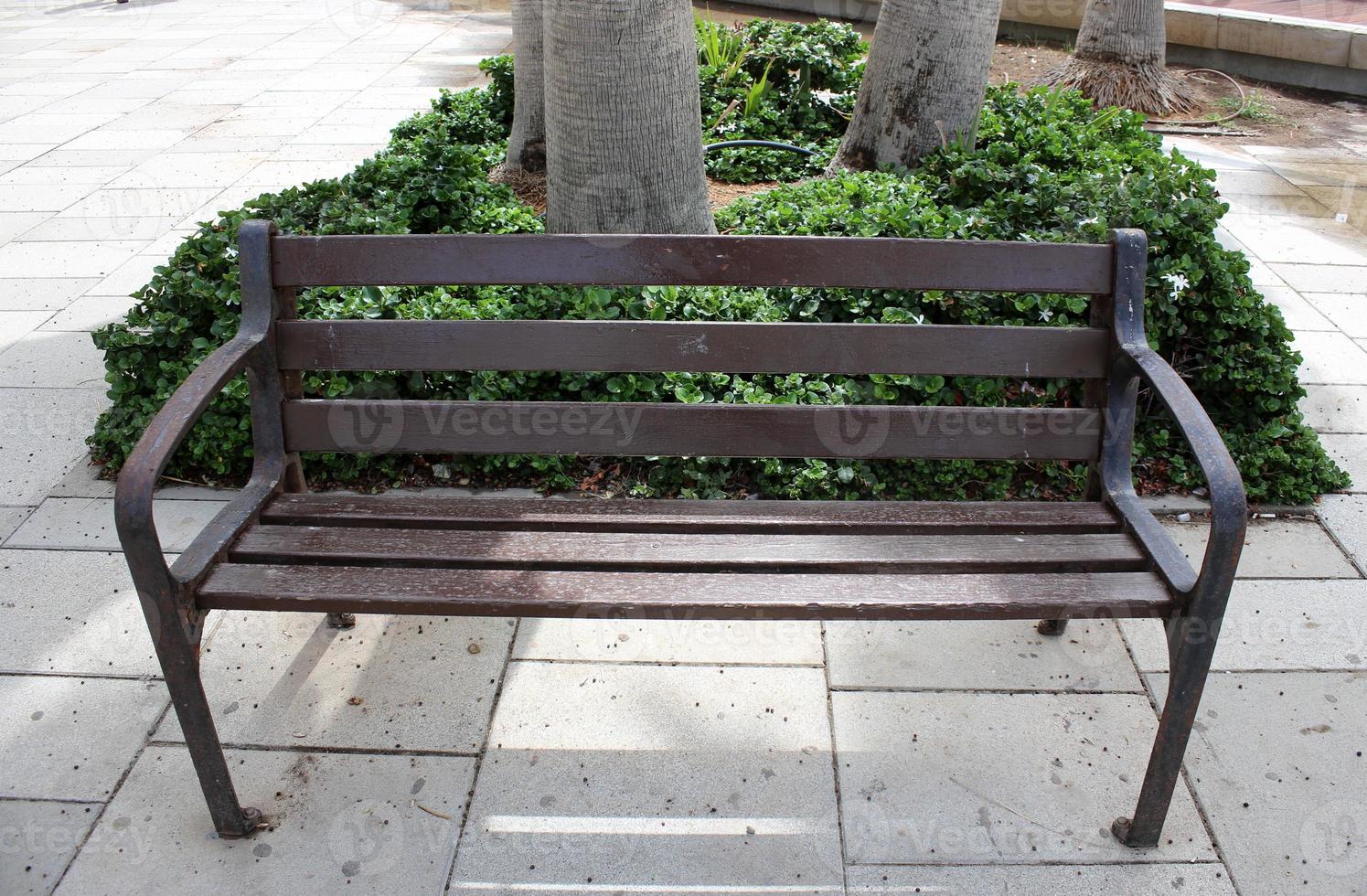 Bench for rest in a city park on the Mediterranean coast in northern Israel photo