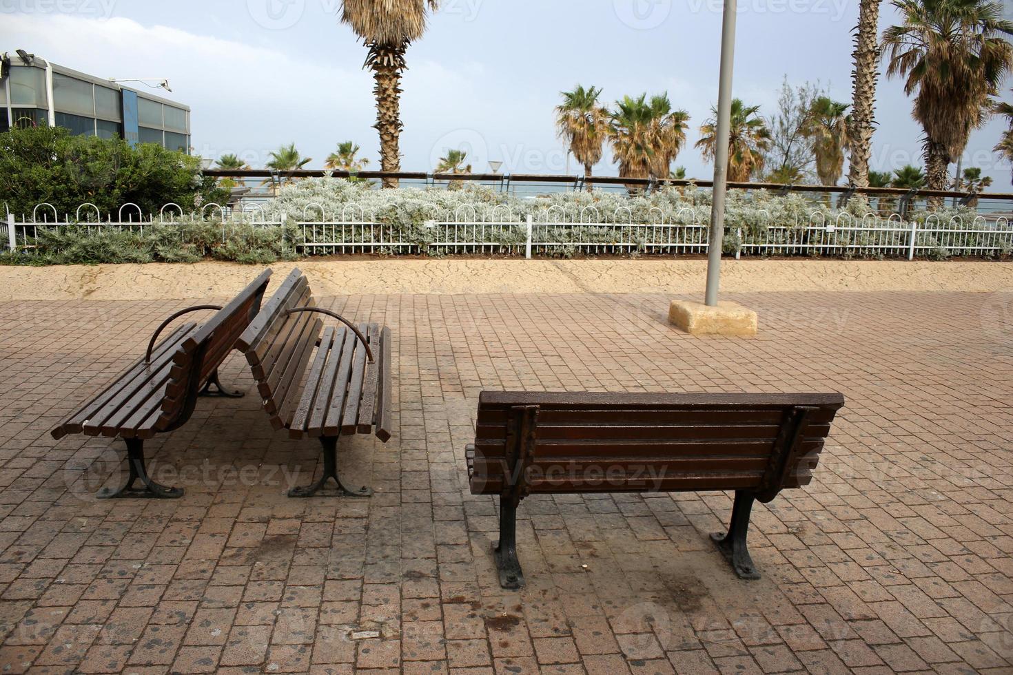 Bench for rest in a city park on the Mediterranean coast in northern Israel photo