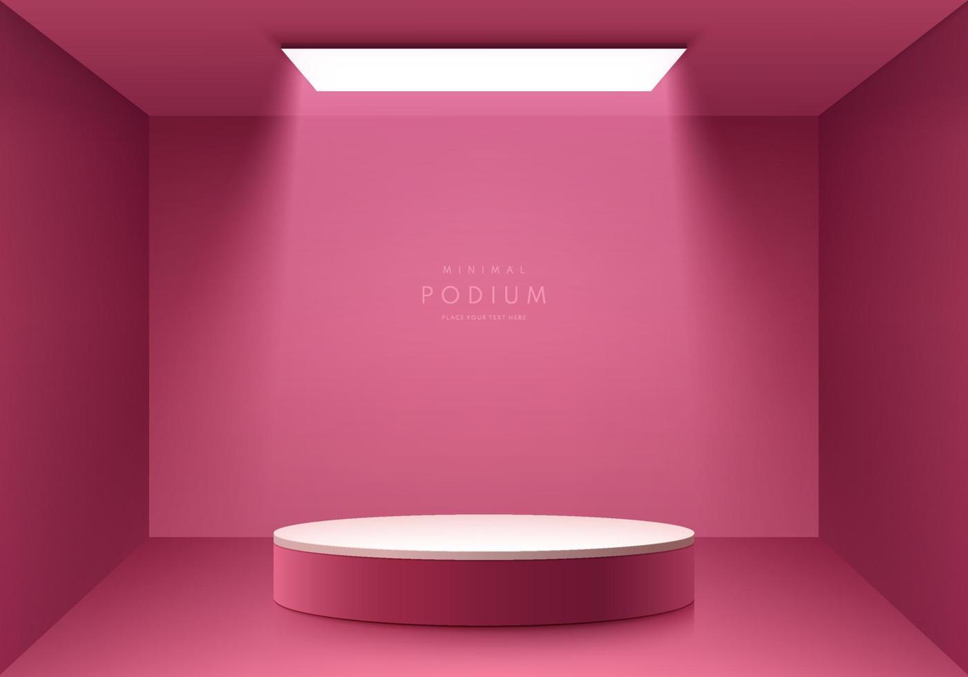 granate rojo realista, sala de estudio 3d abstracta rosa con podio de pedestal realista y luz de techo brillante. escena de pared mínima abstracta para exhibición de productos de maqueta, escenario para exhibición. eps10 vectoriales. vector