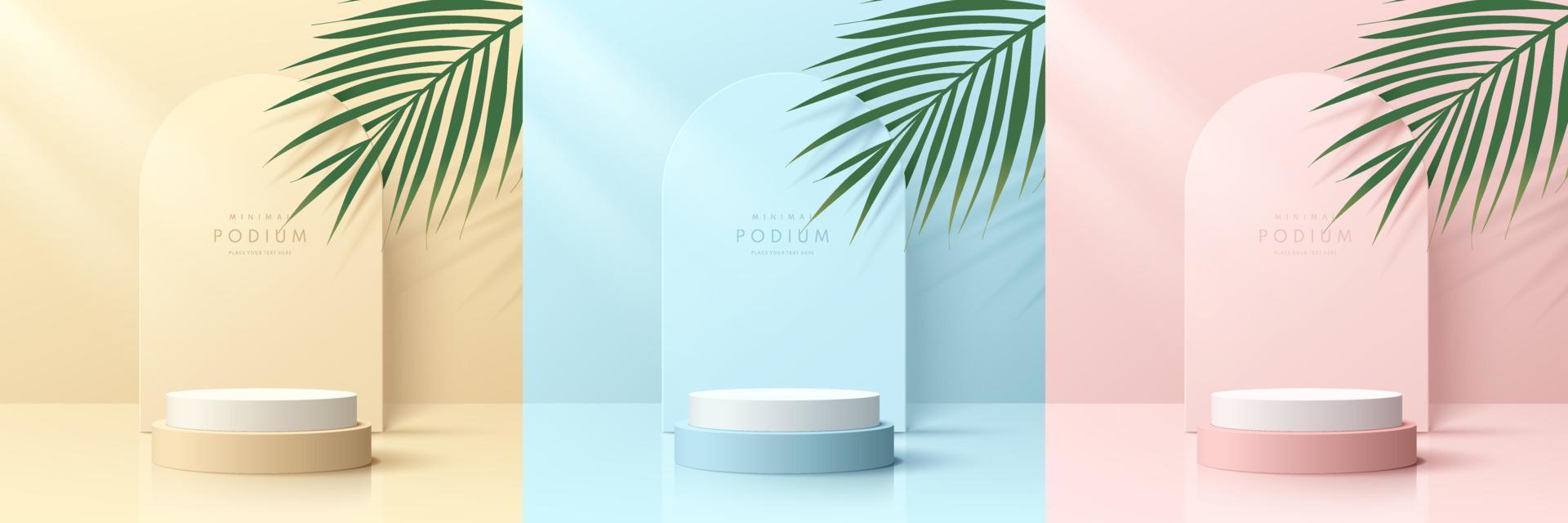 Set of pink, yellow, blue and white realistic 3d cylinder pedestal podium with arch shape and palm leaf. Vector geometric forms. Abstract minimal scene for products stage showcase, Promotion display.