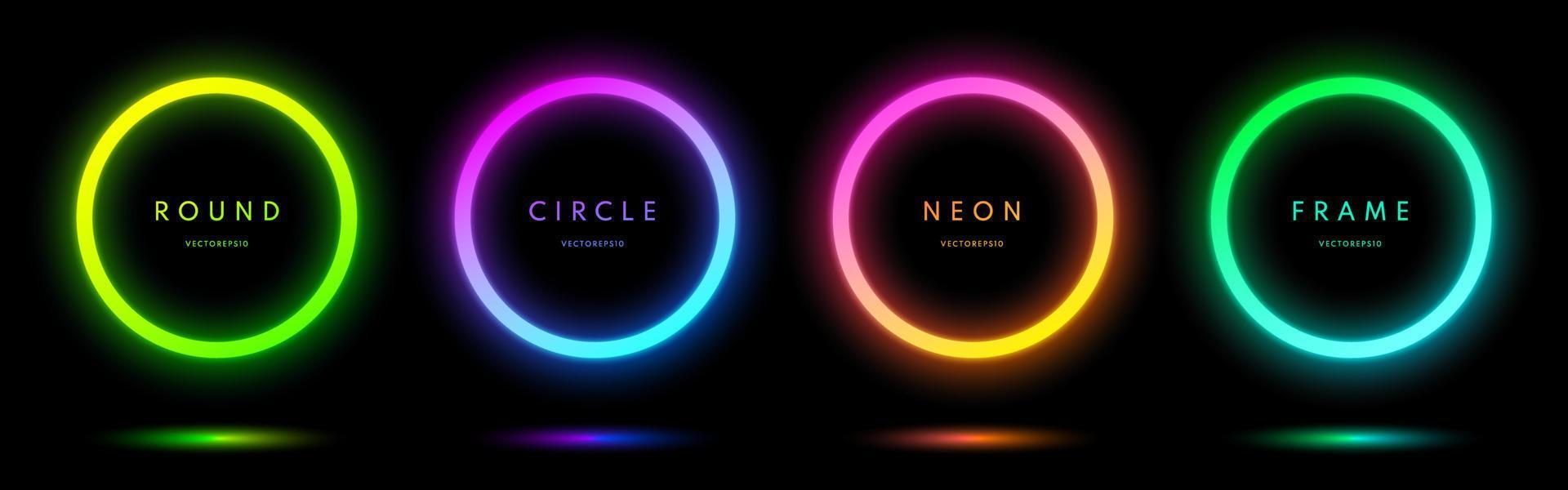 Blue, red-purple, green illuminate frame collection design. Abstract cosmic vibrant color circle border. Top view futuristic style. Set of glowing neon lighting isolated on background with copy space. vector