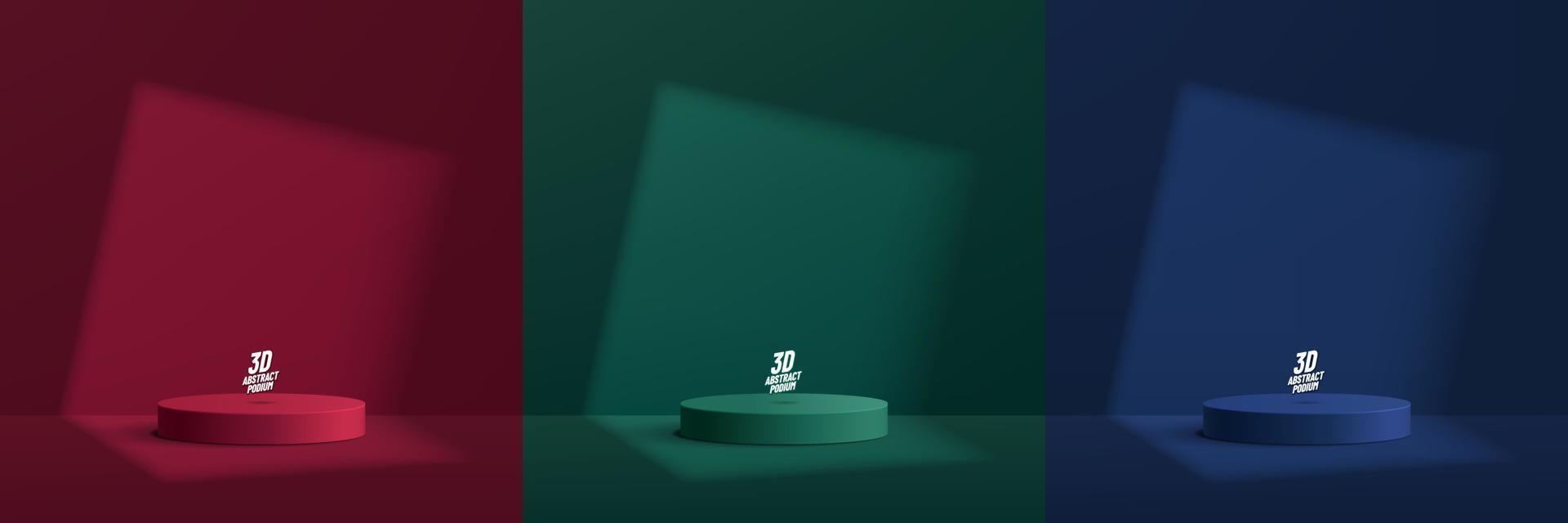 conjunto de fondo de habitación verde, amarillo y rojo con podio de pedestal de cilindro 3d realista e iluminación de ventana. escena mínima abstracta para exhibición de productos de maqueta, escaparate de escenario. formas geométricas vectoriales. vector