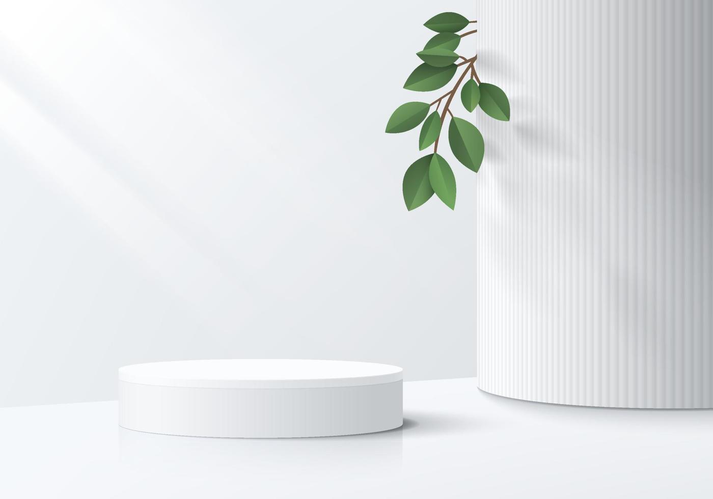 Realistic white 3D cylinder pedestal podium with white pillar and green leaf background. Vector luxury geometric forms. Abstract minimal scene for mockup products, stage showcase, promotion display.