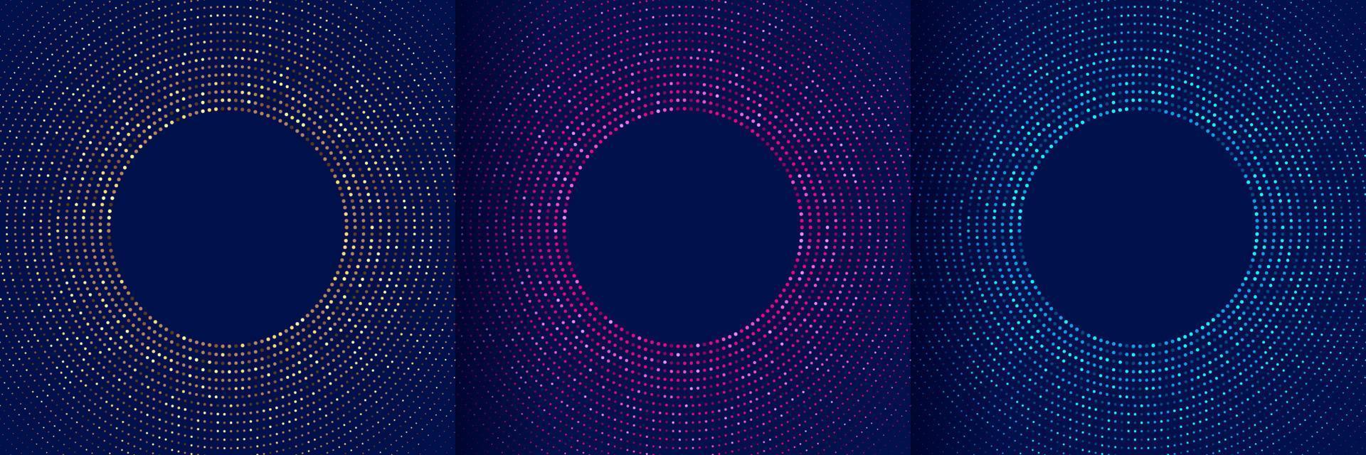 Set of abstract pink, blue, green, golden glowing light dot glitter radial pattern on dark blue background. Collection of illuminate dots halftone. Futuristic technology concept. Vector illustration