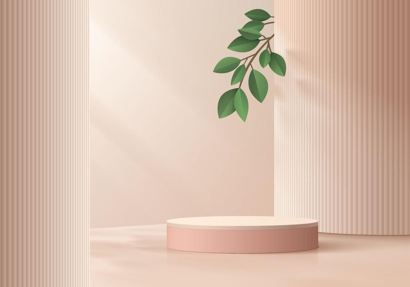 Realistic pink 3D cylinder pedestal podium with beige pillar and green leaf background. Vector luxury geometric forms. Abstract minimal scene for mockup products, stage showcase, promotion display.