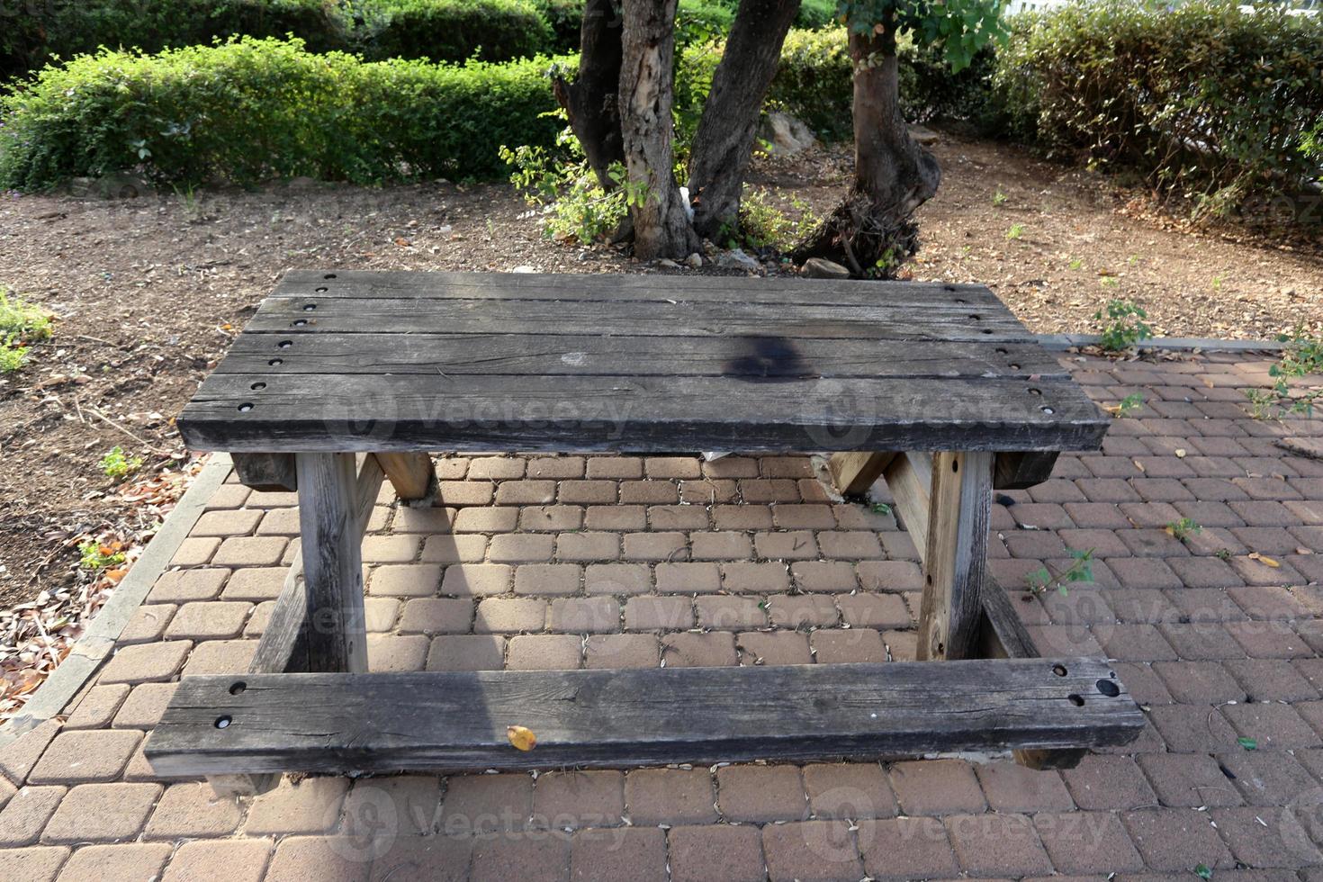 Bench for rest in a city park on the Mediterranean coast in northern Israel photo