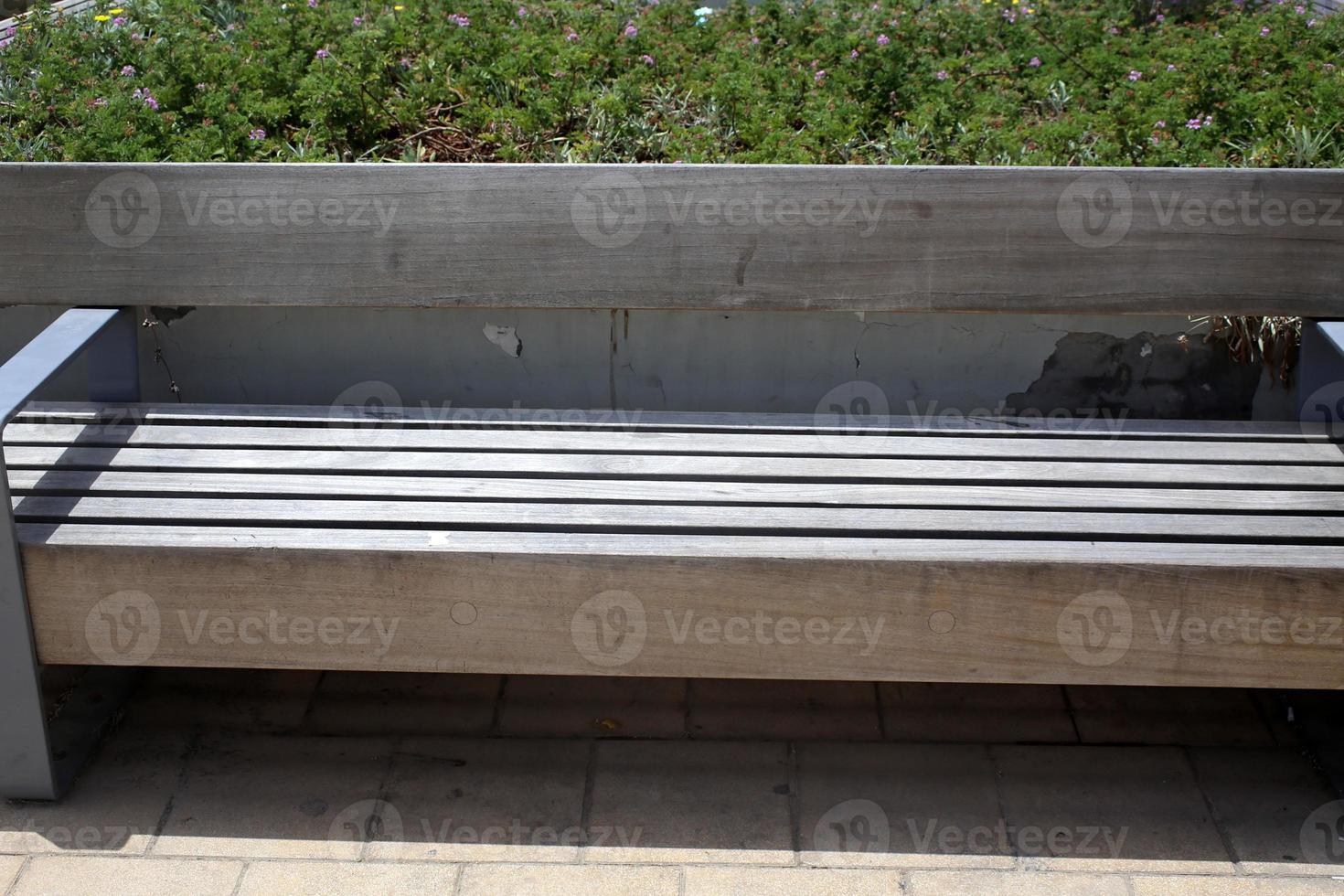 Bench for rest in a city park on the Mediterranean coast in northern Israel photo