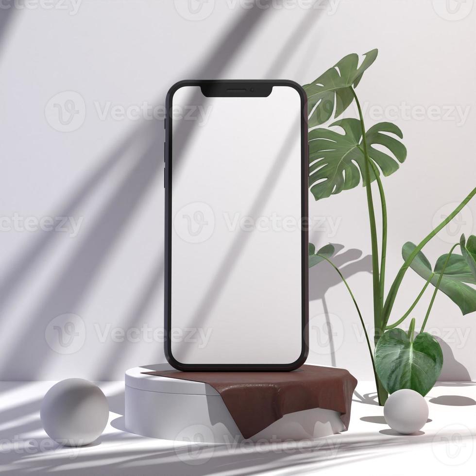 empty white smartphone screen with podium display for mockup illustration. 3d render. photo