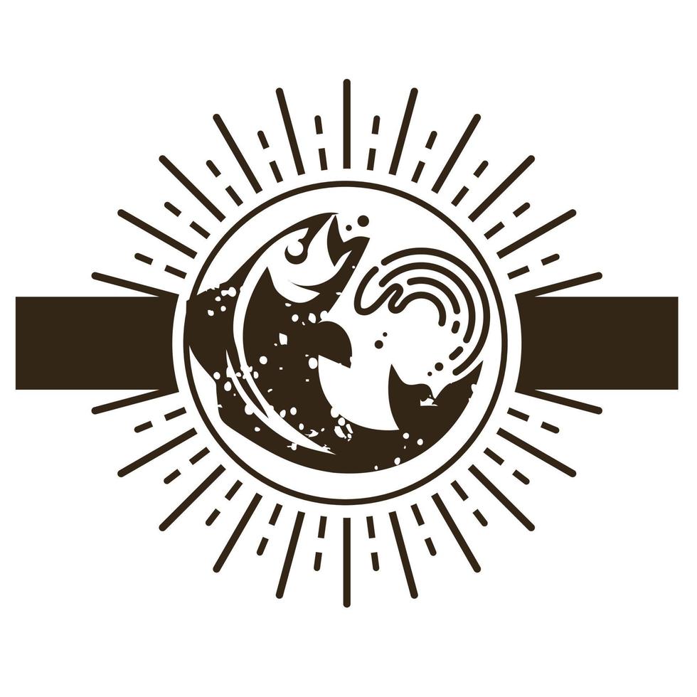 vintage fish logo inside circle as sun symbol vector