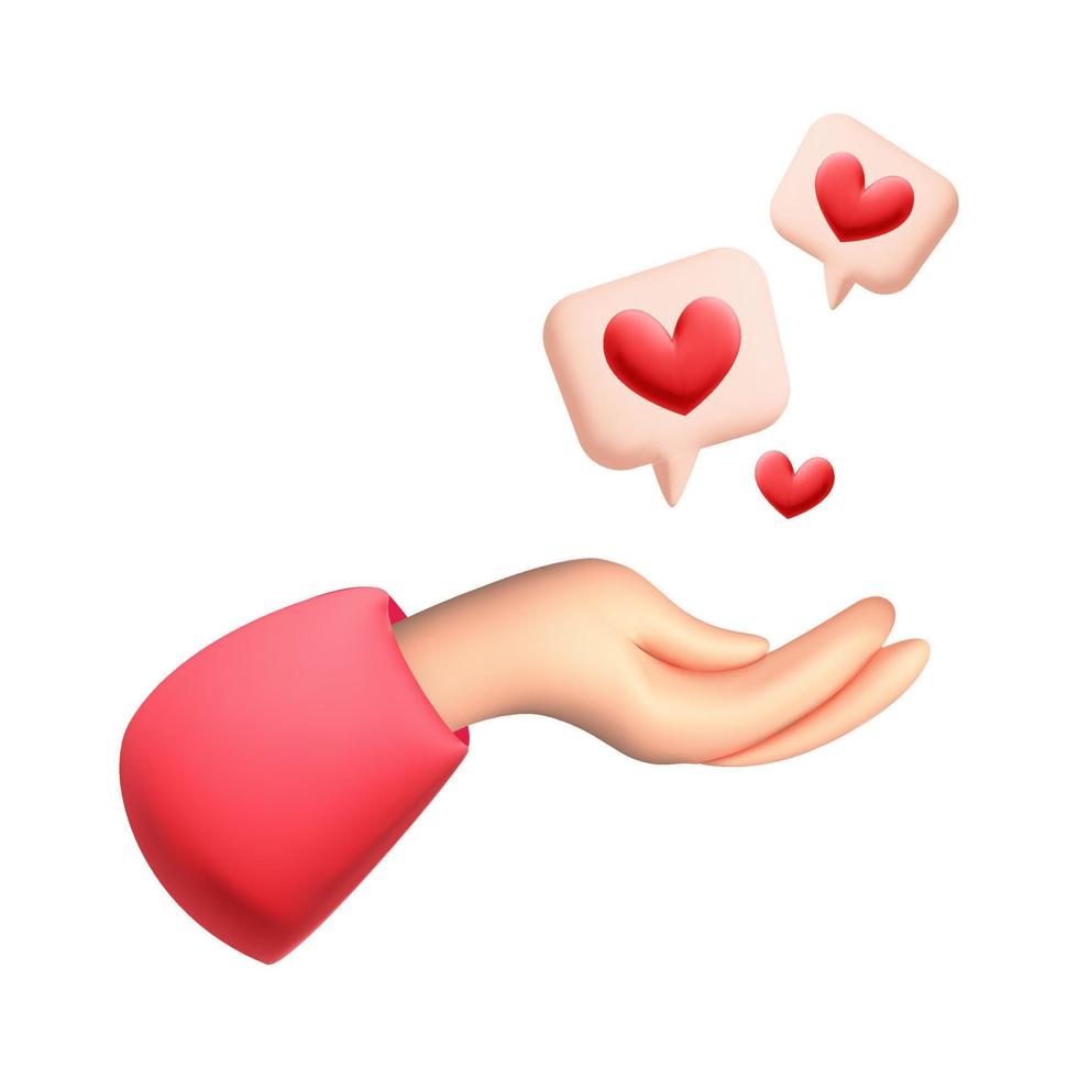 Hand holds like sign bubble 3d vector icon design