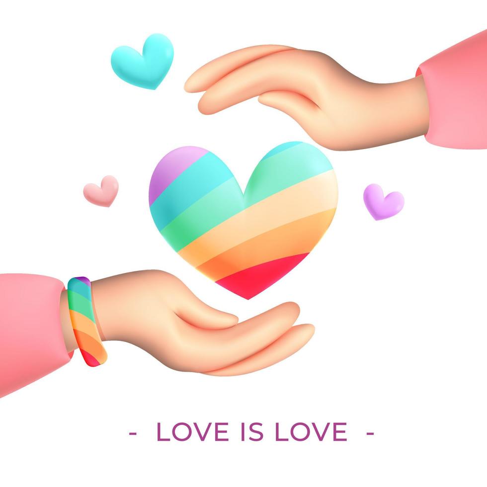 3d vector manos sosteniendo diseño de banner de corazón de arco iris lgbt