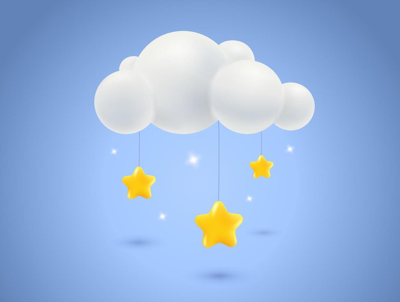 Vector illustration of cloud with stars in 3D style. Weather icon with cloud and stars in realistic style. Toy for baby.