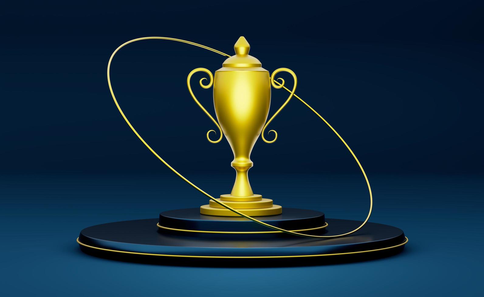 Golden champion cup or trophies and podium with geometric shapes in blue composition for modern stage display and minimalist mockup ,abstract showcase background ,Concept 3d illustration or 3d render photo