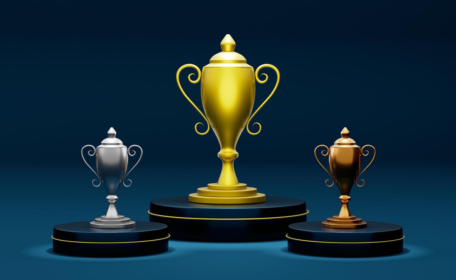 Golden champion cup or trophies and podium with geometric shapes in blue composition for modern stage display and minimalist mockup ,abstract showcase background ,Concept 3d illustration or 3d render photo