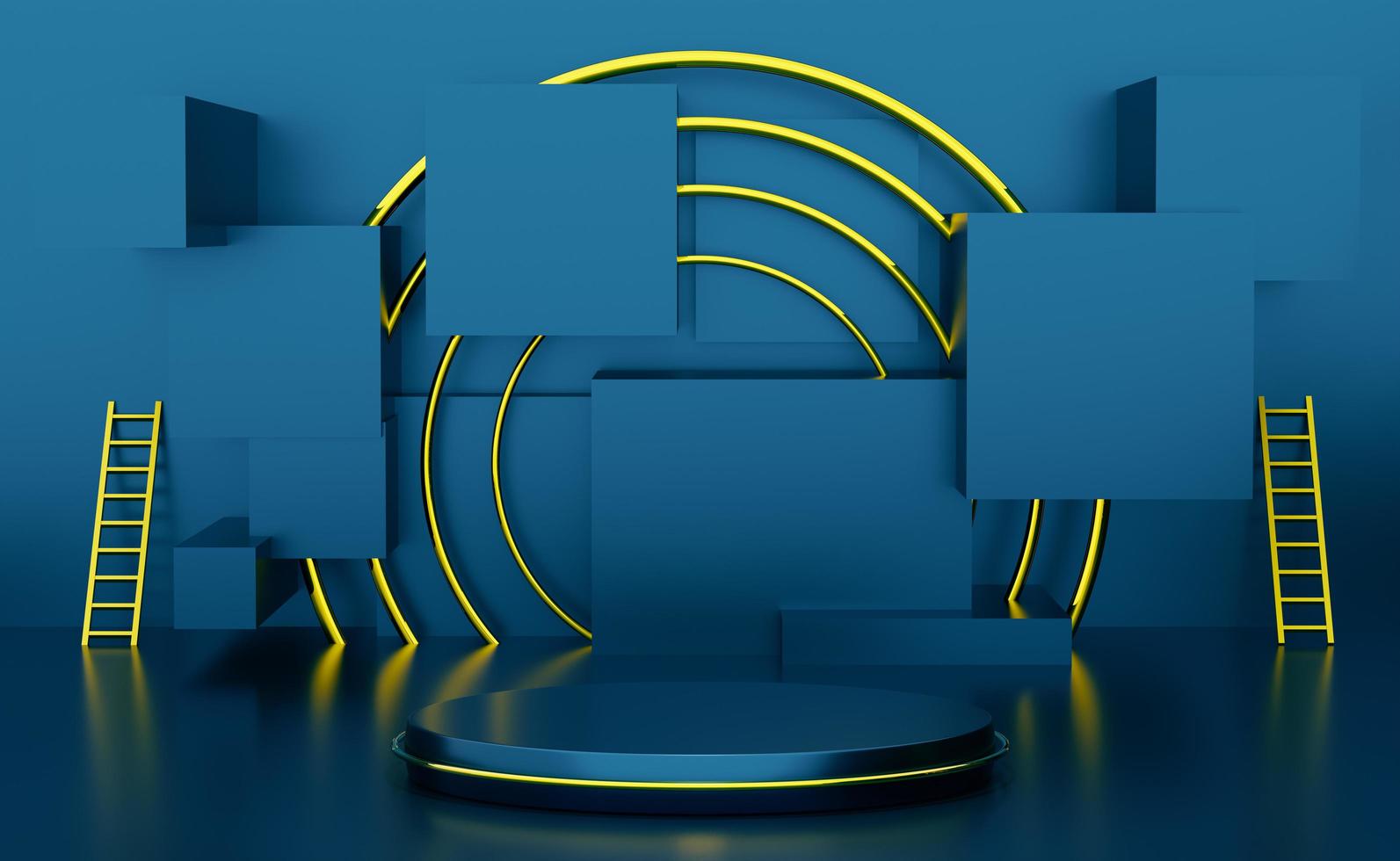 podium empty with geometric shapes and ladder or stepladder in blue composition for modern stage display and minimalist mockup ,abstract showcase background ,Concept 3d illustration or 3d render photo