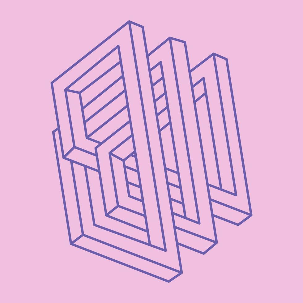 Impossible shape. Sacred geometry figure. Optical illusion. Abstract eternal geometric object. Impossible endless outline. Line art. Optical art. Impossible geometry shape on a pink background. vector