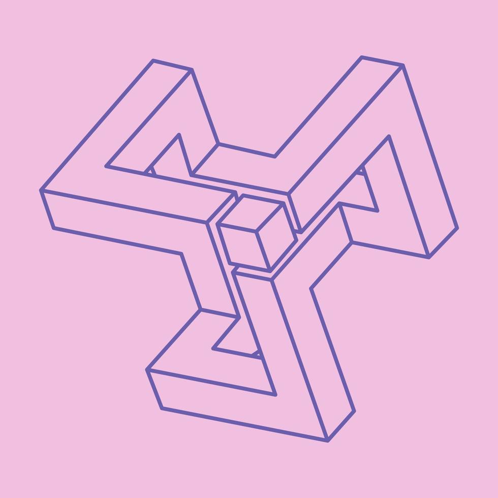 Impossible shapes. Logo. Sacred geometry figures. Optical illusion. Abstract eternal geometric objects. Line art. Optical art. Impossible geometry shape on a pink background. Paradox. vector