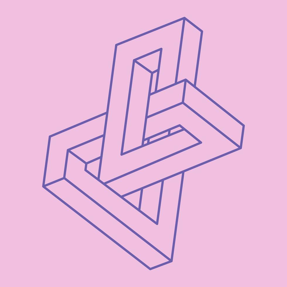 Impossible shapes. Sacred geometry. Optical illusion figure. Abstract eternal geometric object. Impossible endless outline shapes. Optical art. Impossible geometry shape on a pink background. vector