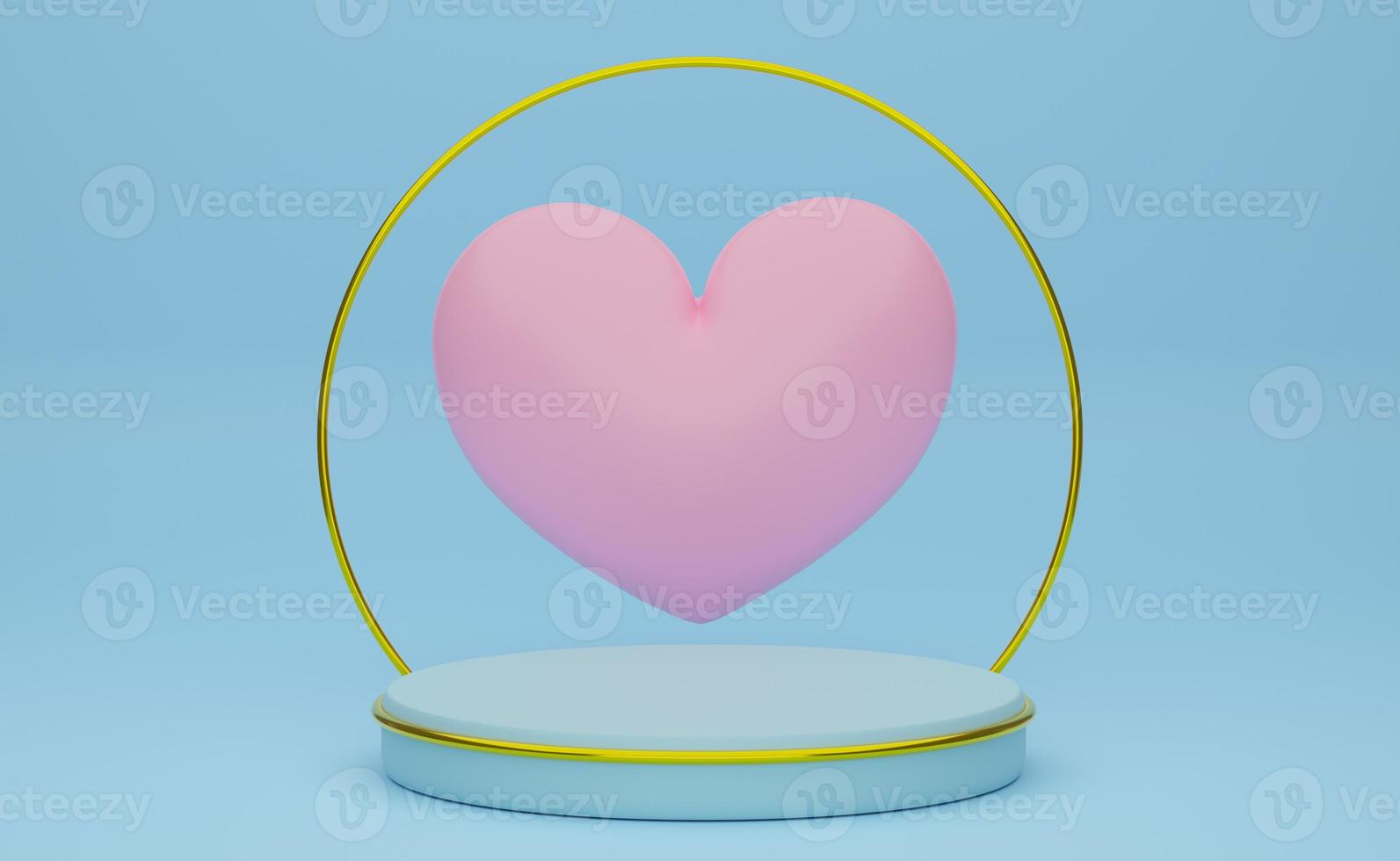 Podium empty with geometric and heart shapes insky blue pastel composition for modern stage display and minimalist mockup ,abstract showcase background ,Concept 3d illustration or 3d render photo