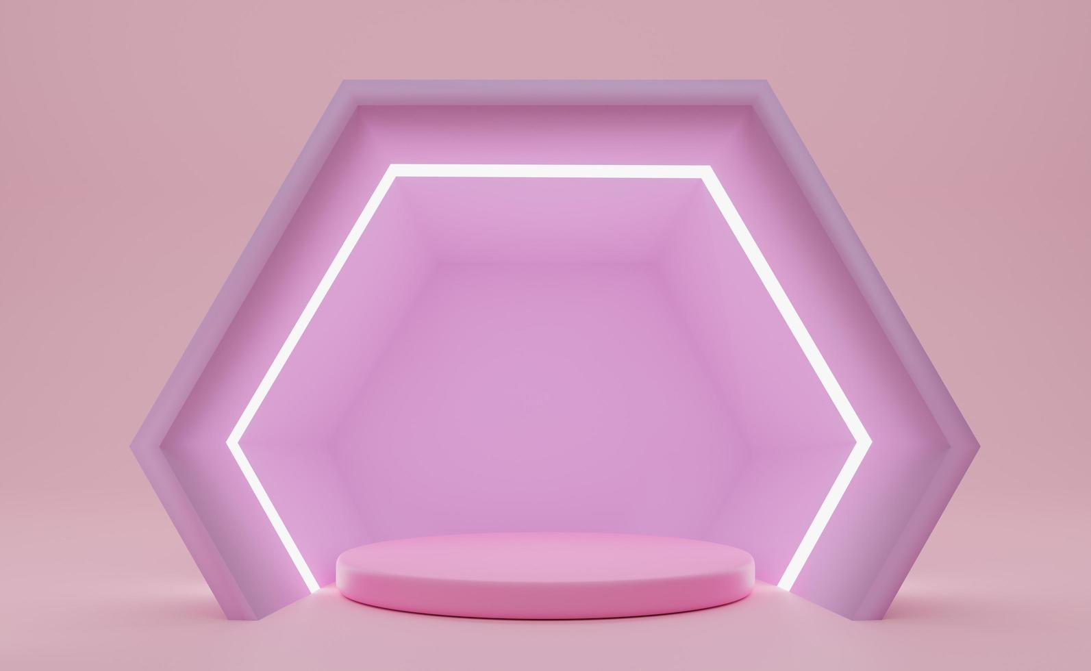 podium with geometric shapes empty in pink composition for modern stage display and minimalist mockup ,abstract showcase background ,Concept 3d illustration or 3d render photo