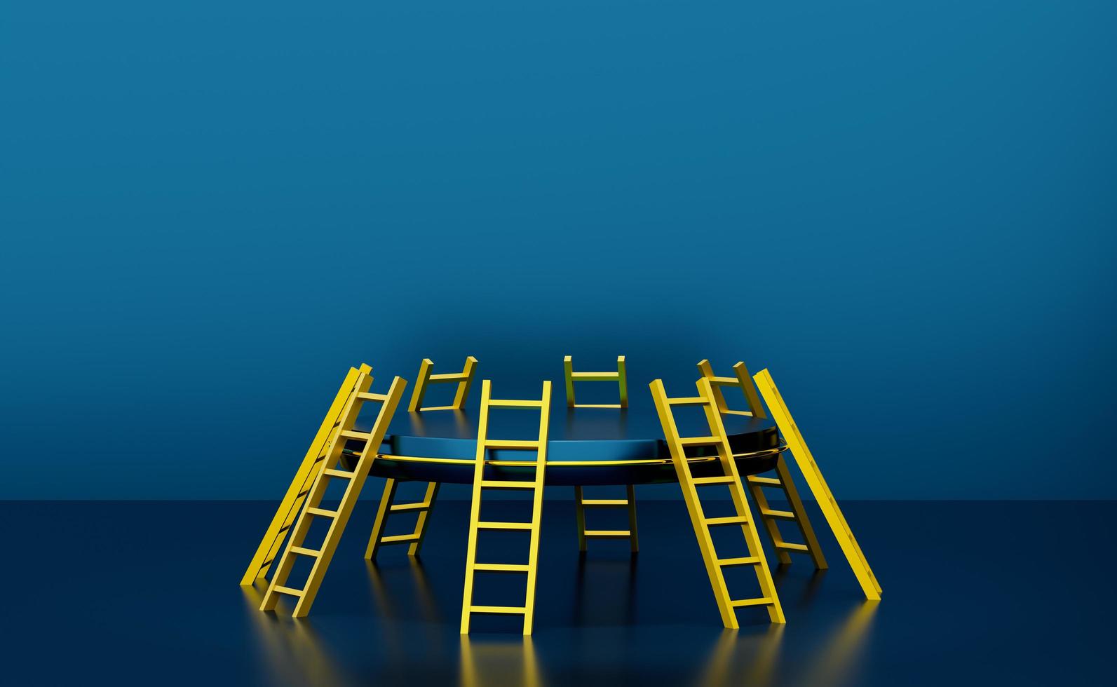 podio vacío con formas geométricas y escalera o escalera de tijera en composición azul para exhibición de escenario moderno y maqueta minimalista, fondo de escaparate abstracto, ilustración conceptual 3d o renderizado 3d foto