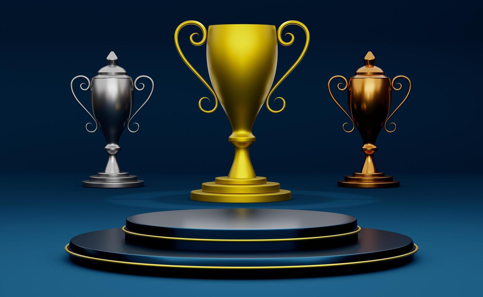 Golden champion cup or trophies and podium with geometric shapes in blue composition for modern stage display and minimalist mockup ,abstract showcase background ,Concept 3d illustration or 3d render photo