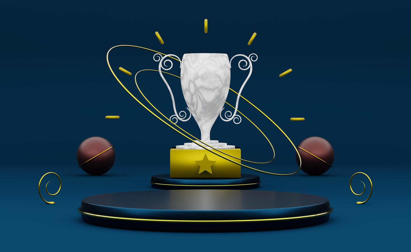 marble champion cup or trophies and podium with geometric shapes in blue composition for modern stage display and minimalist mockup ,abstract showcase background ,Concept 3d illustration or 3d render photo