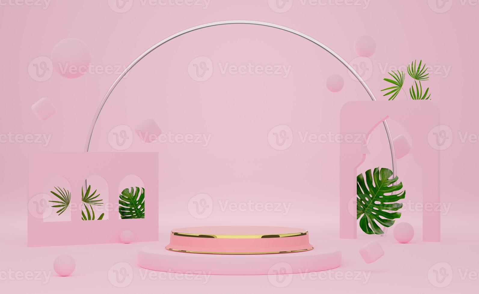 podium empty with geometric shapes in pink pastel composition for modern stage display and minimalist mockup ,abstract showcase background ,Concept 3d illustration or 3d render photo