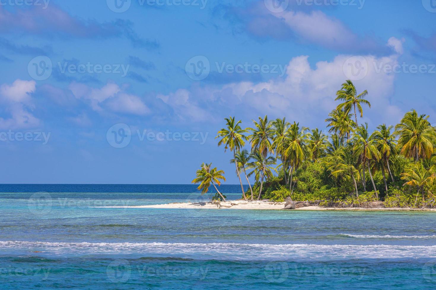 Beach resort landscape, tropic surf and horizontal sea as summer holiday vacation. Relax luxury hotel beach background. Amazing sea view blue sea, exotic travel destination. Palm tree white sand vibes photo