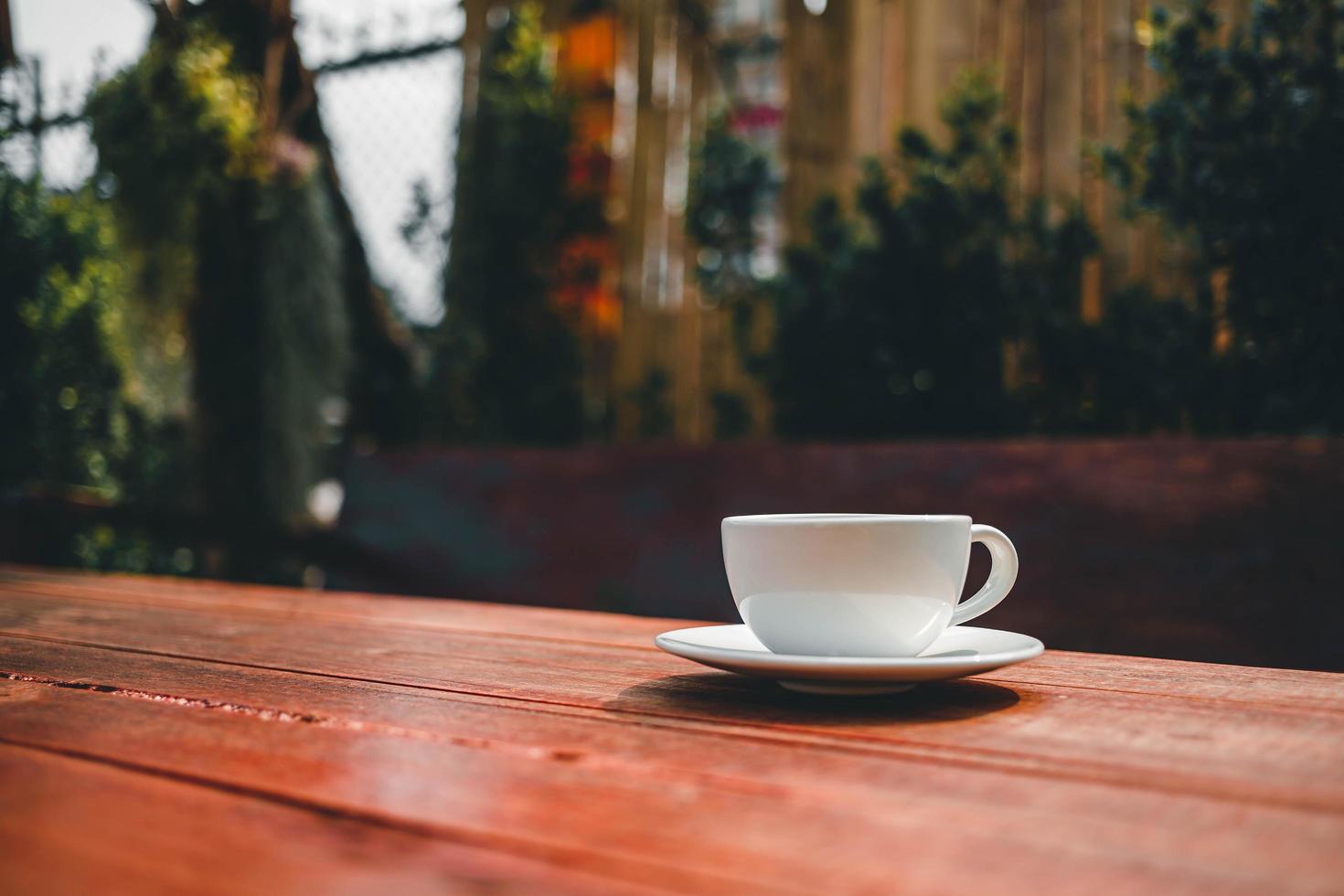 cup of coffee on wooden table in morning sun photo