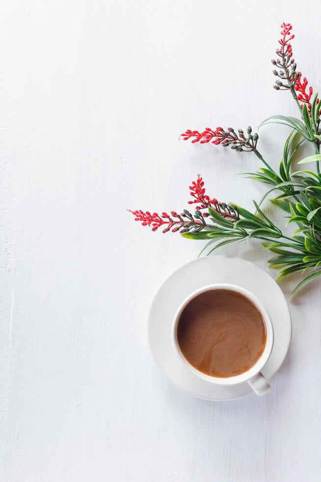 Flat lay relax coffee cup  on white wooden background photo